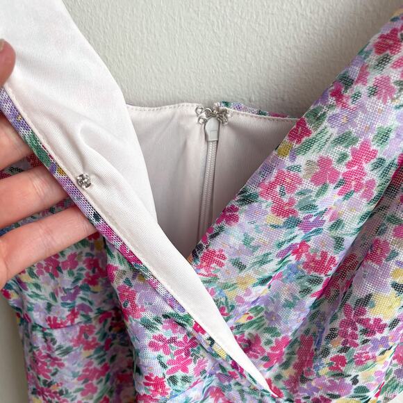 NWT BCBGeneration Ditsy Floral Mesh Ruched Mini Dress Preppy Pink Purple Size 2 - Picture 9 of 14